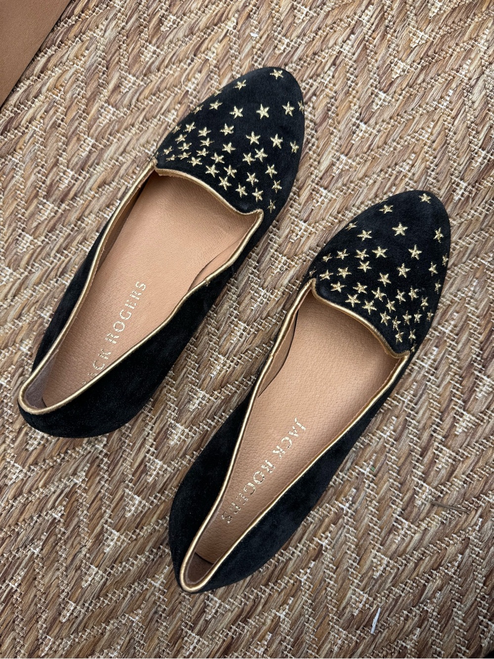 Jack Rogers Black Suede Gold Star Smoking Flats Loafers Size 7.5